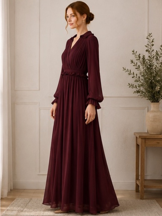 Dress Forum Dresses & Skirts - Dress Forum - Elegant Long Sleeve V-Neck Maxi Dress in Burgundy